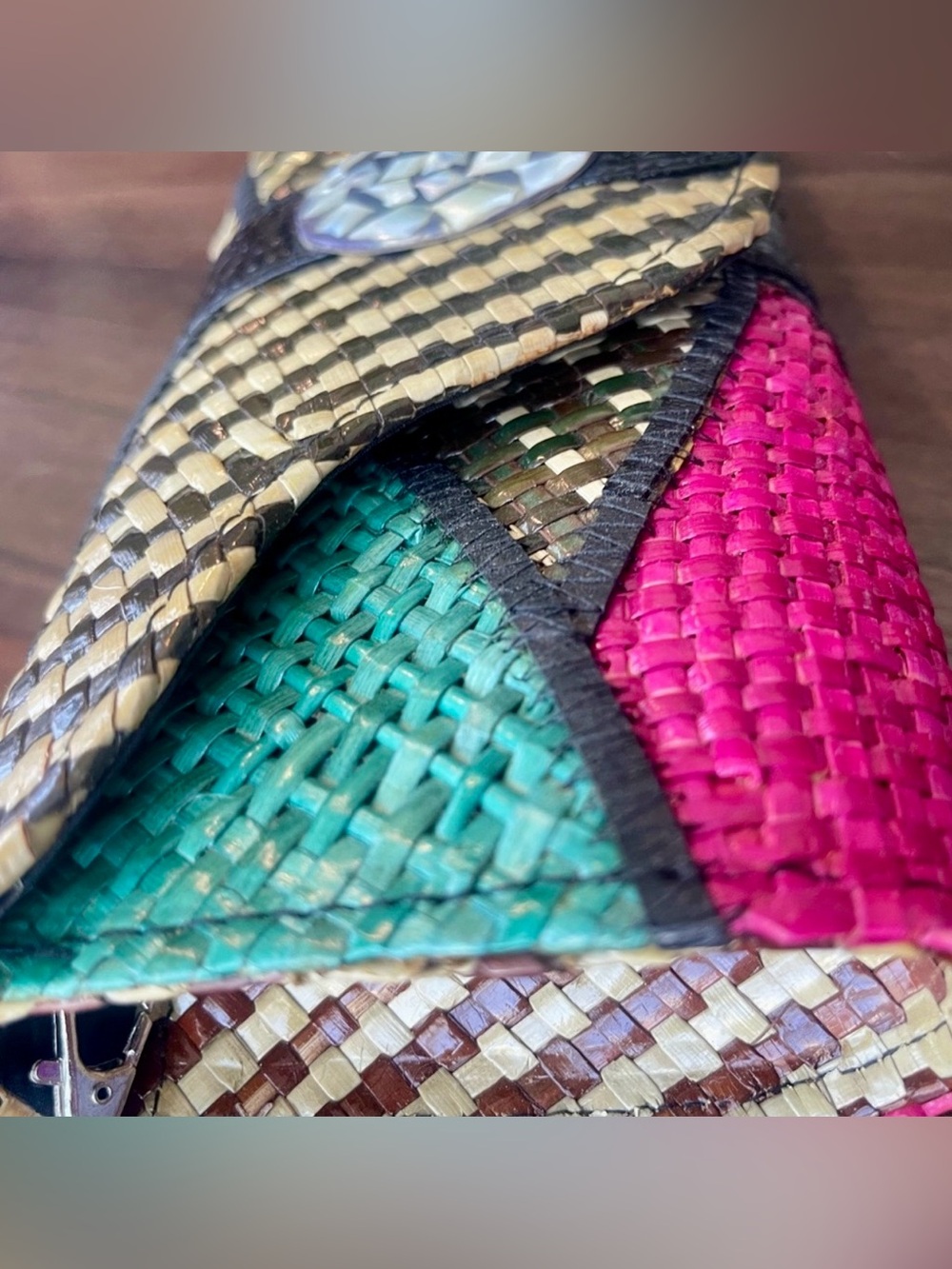 Woven Straw Multicolor Wristlet Clutch with Gem Accent - Picture 5 of 8